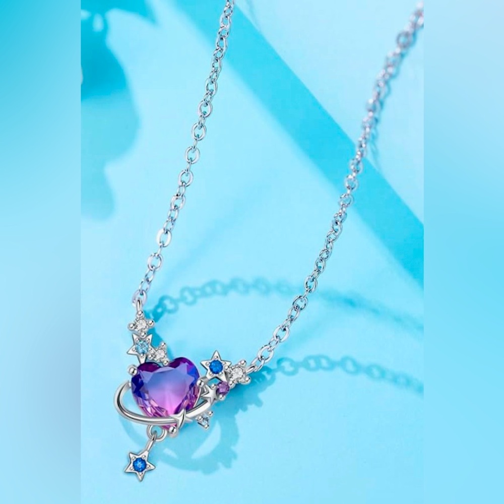 Dillards Upscale BlueTopaz Silver purple amethyst Heart Space Necklace